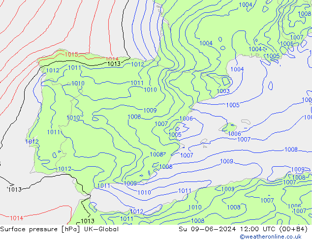 Luchtdruk (Grond) UK-Global zo 09.06.2024 12 UTC