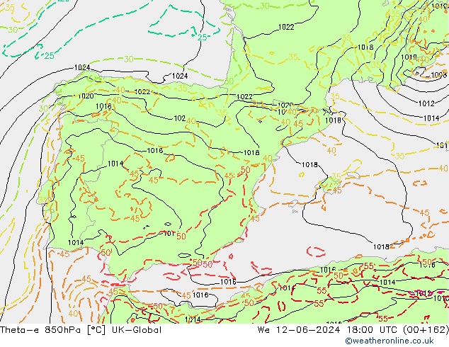Theta-e 850hPa UK-Global We 12.06.2024 18 UTC