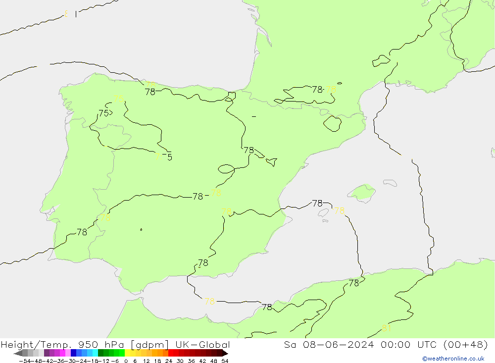 Height/Temp. 950 hPa UK-Global Sa 08.06.2024 00 UTC