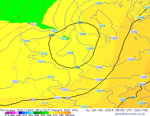 Espesor 500-1000 hPa UK-Global dom 09.06.2024 06 UTC