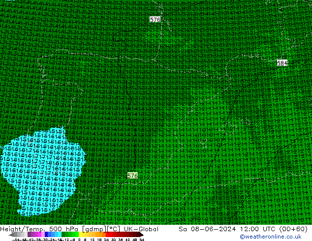 Height/Temp. 500 hPa UK-Global sab 08.06.2024 12 UTC