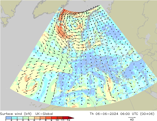 Surface wind (bft) UK-Global Čt 06.06.2024 06 UTC