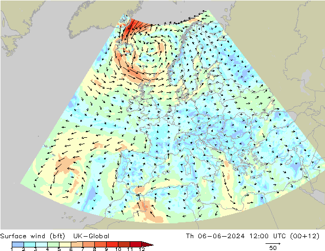 Bodenwind (bft) UK-Global Do 06.06.2024 12 UTC