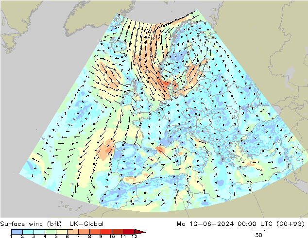 Surface wind (bft) UK-Global Mo 10.06.2024 00 UTC