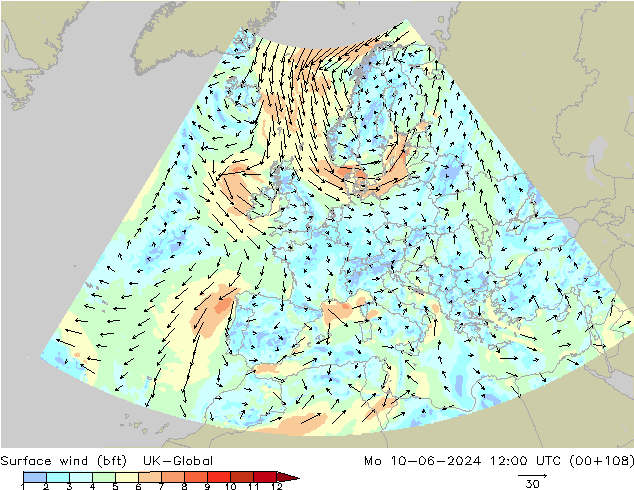 Surface wind (bft) UK-Global Po 10.06.2024 12 UTC