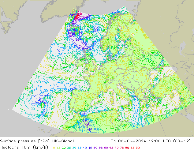 Isotachen (km/h) UK-Global do 06.06.2024 12 UTC