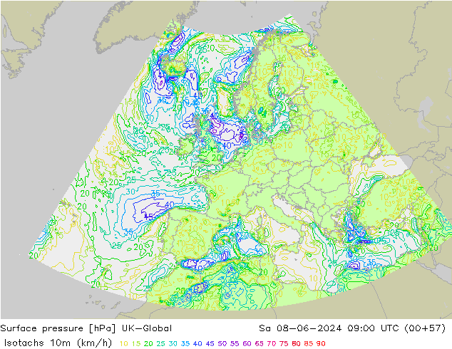 Isotachs (kph) UK-Global sab 08.06.2024 09 UTC