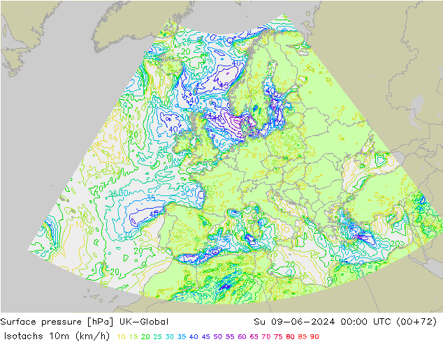 Isotachen (km/h) UK-Global So 09.06.2024 00 UTC