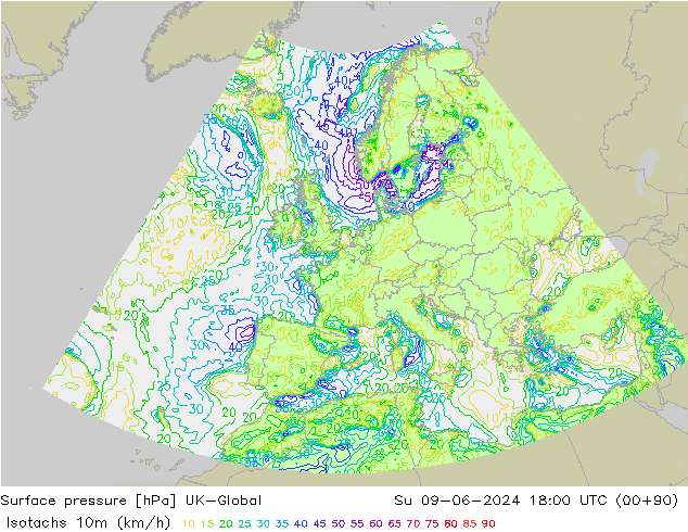 Isotachen (km/h) UK-Global zo 09.06.2024 18 UTC