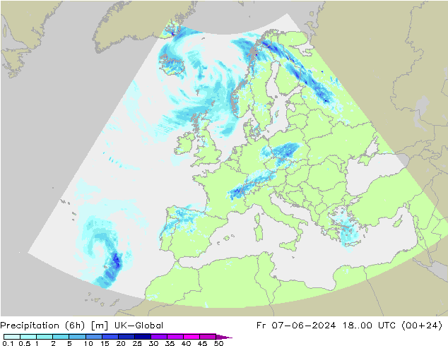 Precipitação (6h) UK-Global Sex 07.06.2024 00 UTC