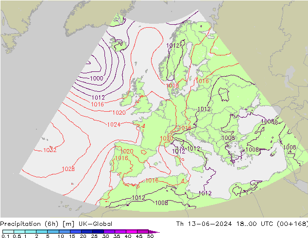 Precipitation (6h) UK-Global Th 13.06.2024 00 UTC