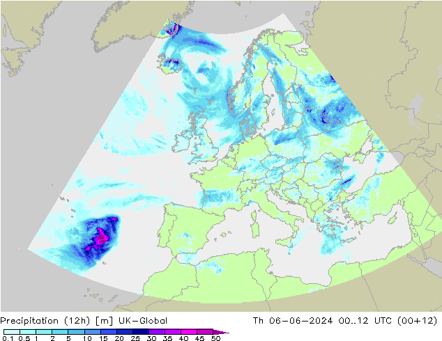 降水量 (12h) UK-Global 星期四 06.06.2024 12 UTC