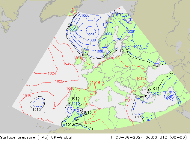 Presión superficial UK-Global jue 06.06.2024 06 UTC