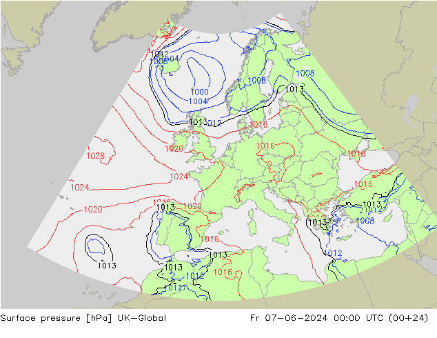 Pressione al suolo UK-Global ven 07.06.2024 00 UTC