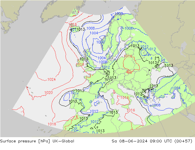 Atmosférický tlak UK-Global So 08.06.2024 09 UTC