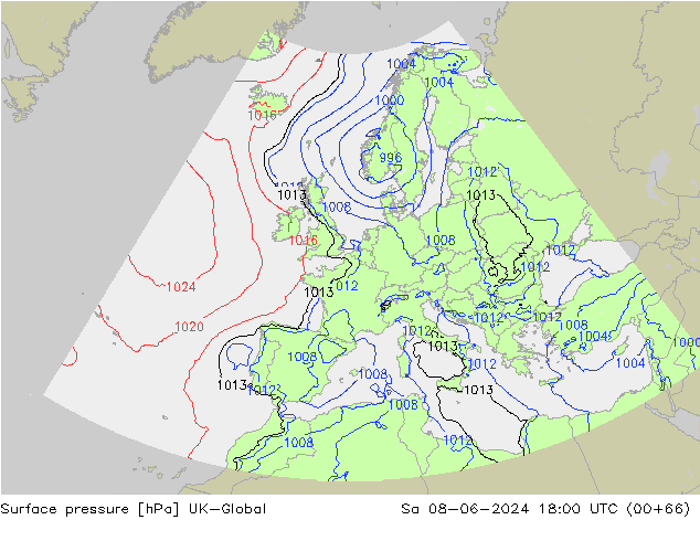 Pressione al suolo UK-Global sab 08.06.2024 18 UTC