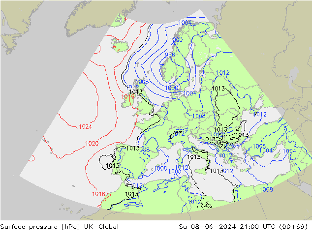 Pressione al suolo UK-Global sab 08.06.2024 21 UTC