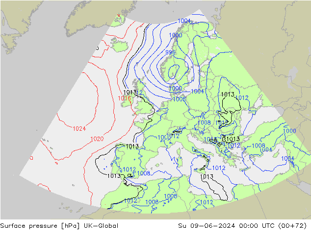 Pressione al suolo UK-Global dom 09.06.2024 00 UTC