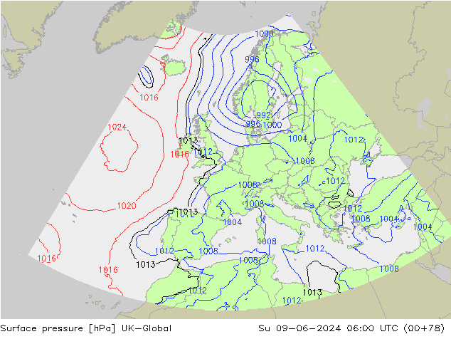 Surface pressure UK-Global Su 09.06.2024 06 UTC