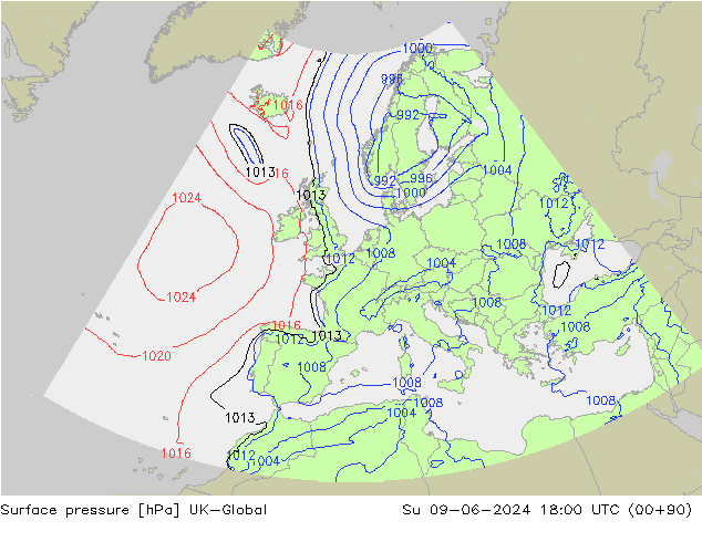 Surface pressure UK-Global Su 09.06.2024 18 UTC