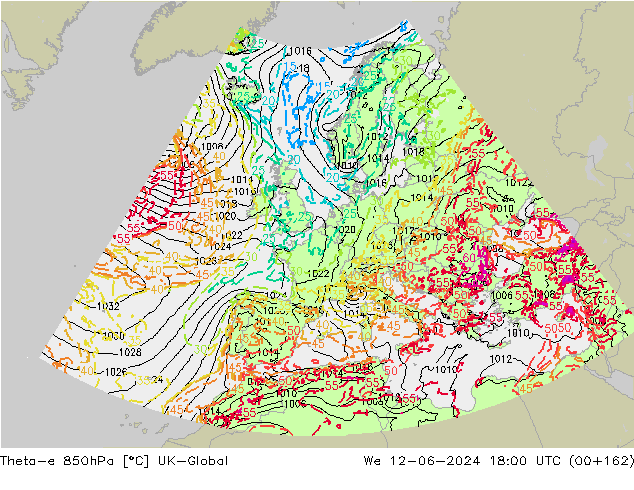Theta-e 850hPa UK-Global wo 12.06.2024 18 UTC