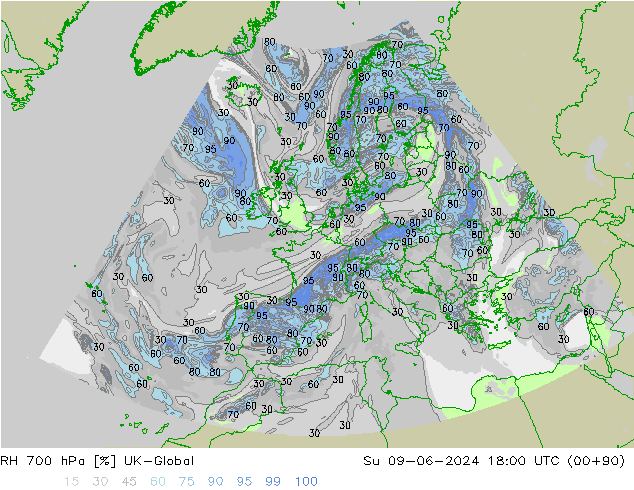 Humedad rel. 700hPa UK-Global dom 09.06.2024 18 UTC