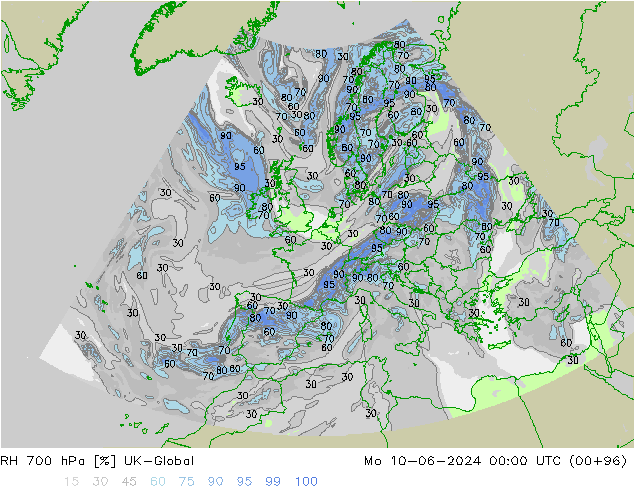 RH 700 hPa UK-Global Mo 10.06.2024 00 UTC