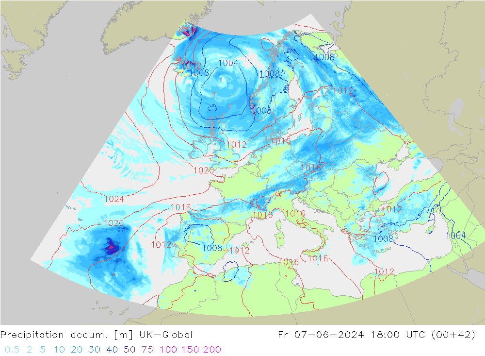 Precipitation accum. UK-Global Fr 07.06.2024 18 UTC