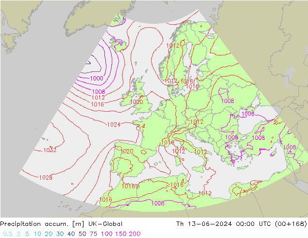 Precipitation accum. UK-Global gio 13.06.2024 00 UTC
