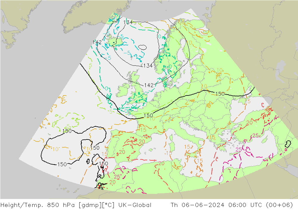 Hoogte/Temp. 850 hPa UK-Global do 06.06.2024 06 UTC
