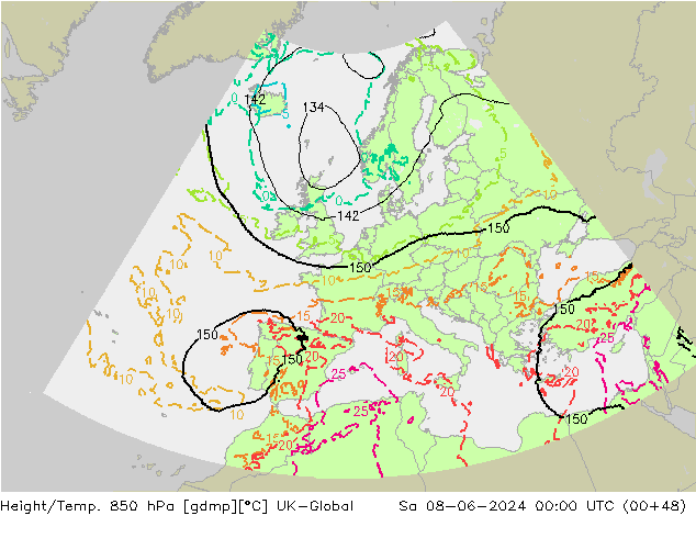 Height/Temp. 850 hPa UK-Global Sa 08.06.2024 00 UTC