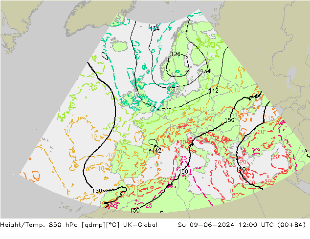 Hoogte/Temp. 850 hPa UK-Global zo 09.06.2024 12 UTC
