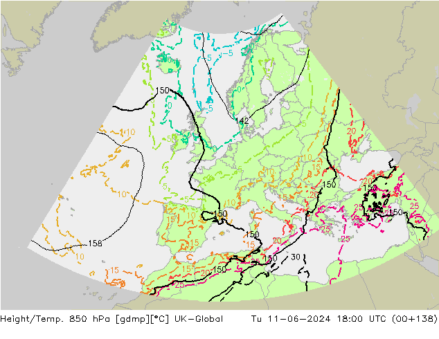Height/Temp. 850 hPa UK-Global Di 11.06.2024 18 UTC