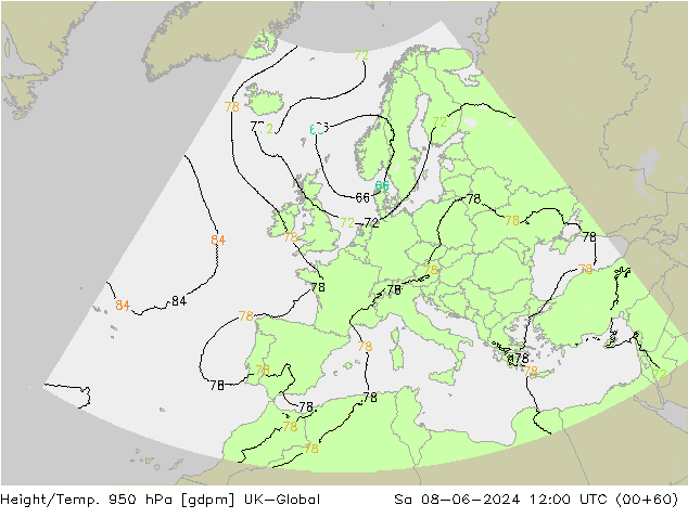 Height/Temp. 950 hPa UK-Global So 08.06.2024 12 UTC