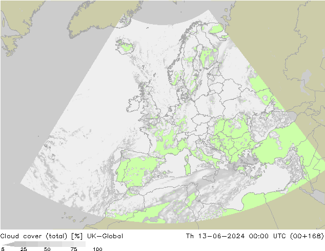 Cloud cover (total) UK-Global Th 13.06.2024 00 UTC