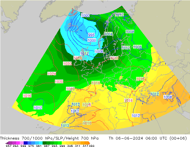 Thck 700-1000 hPa UK-Global  06.06.2024 06 UTC