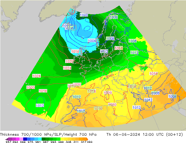 Thck 700-1000 hPa UK-Global  06.06.2024 12 UTC