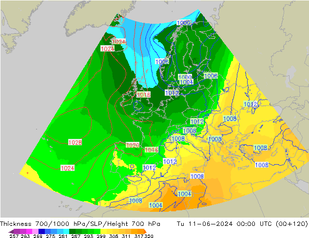 Thck 700-1000 hPa UK-Global Ter 11.06.2024 00 UTC