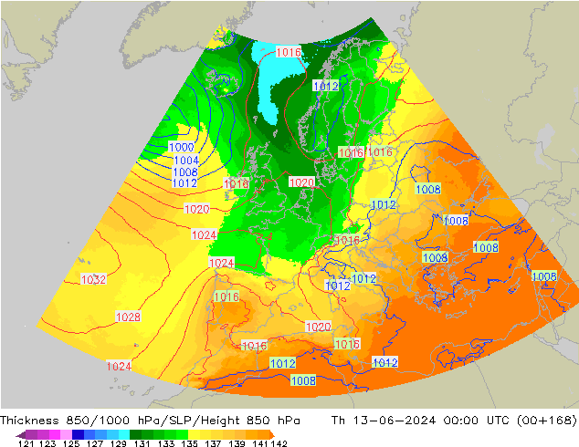 850-1000 hPa Kalınlığı UK-Global Per 13.06.2024 00 UTC