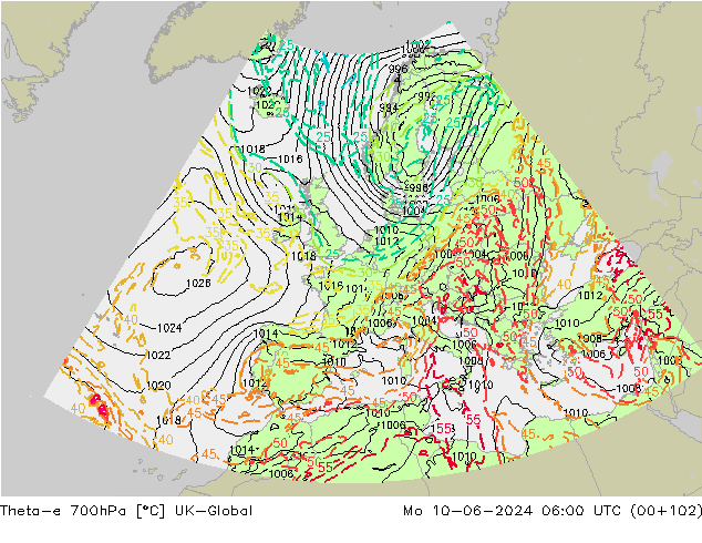 Theta-e 700hPa UK-Global ma 10.06.2024 06 UTC
