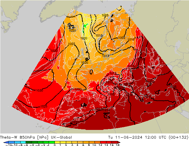 Theta-W 850hPa UK-Global Út 11.06.2024 12 UTC