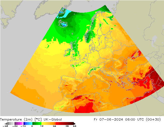 Temperature (2m) UK-Global Fr 07.06.2024 06 UTC