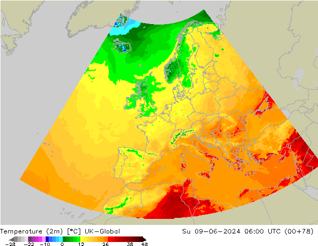 Temperaturkarte (2m) UK-Global So 09.06.2024 06 UTC