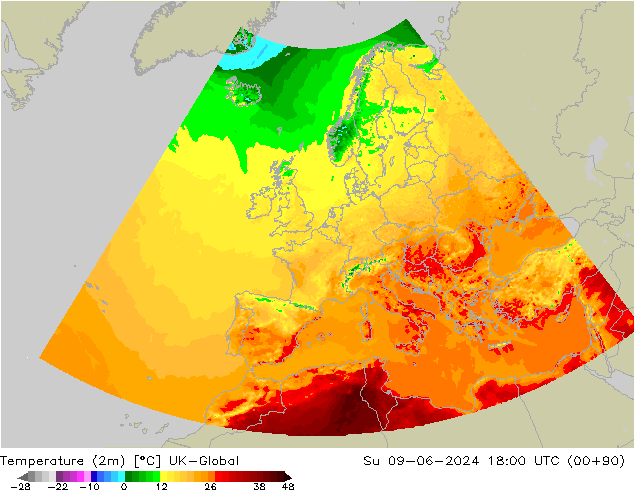 Temperature (2m) UK-Global Su 09.06.2024 18 UTC