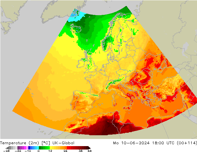 Temperature (2m) UK-Global Mo 10.06.2024 18 UTC