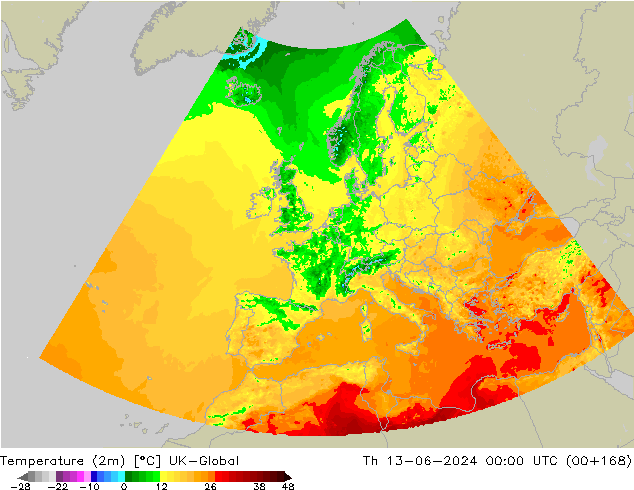 Temperature (2m) UK-Global Th 13.06.2024 00 UTC