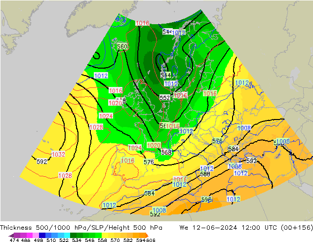 500-1000 hPa Kalınlığı UK-Global Çar 12.06.2024 12 UTC