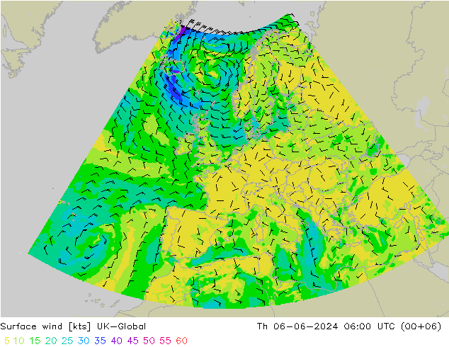 Surface wind UK-Global Čt 06.06.2024 06 UTC