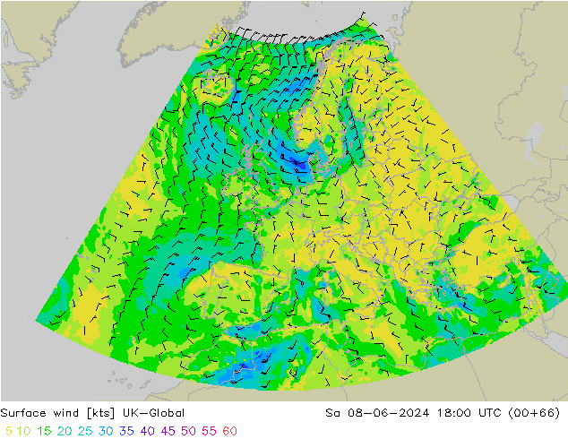 Viento 10 m UK-Global sáb 08.06.2024 18 UTC