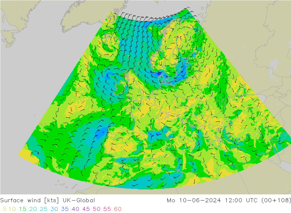 Surface wind UK-Global Po 10.06.2024 12 UTC